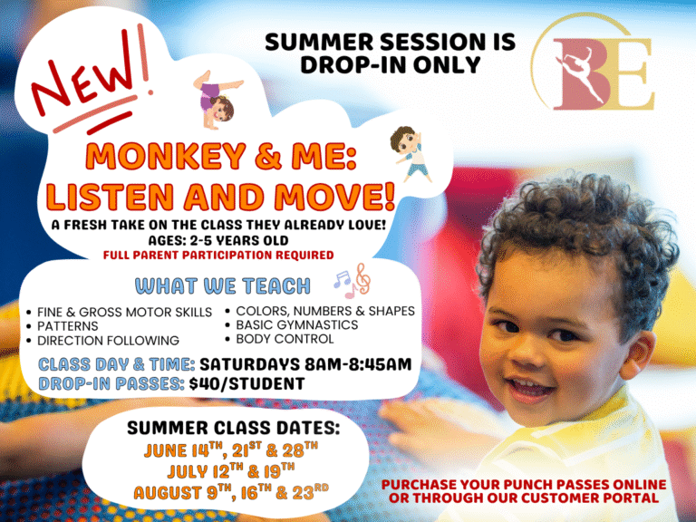MONKEY & ME LISTEN AND MOVE POSTER (2) Flyer for drop-in preschool gymnastics class with parent participation for summer 2025 at Bayshore Elite.